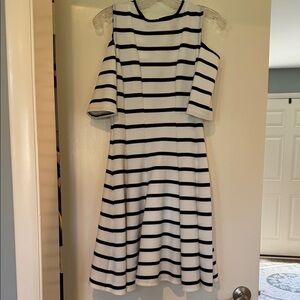 Gabby Skye Black and White Striped Cold-Shoulder Dress